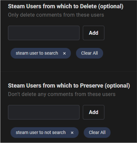 Delete or preserve Steam comments from Steam usernames